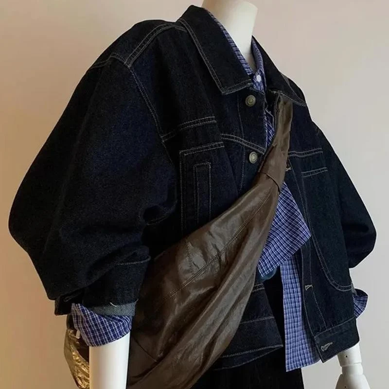 韩版宽松短款深蓝色丹宁风休闲牛仔外套2025春秋复古夹克上衣