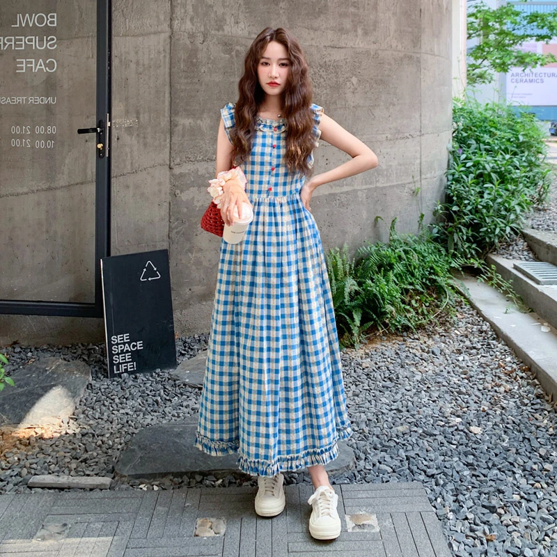 设计感短袖气质格子连衣裙女夏2025新款收腰显瘦度假风背心长裙子