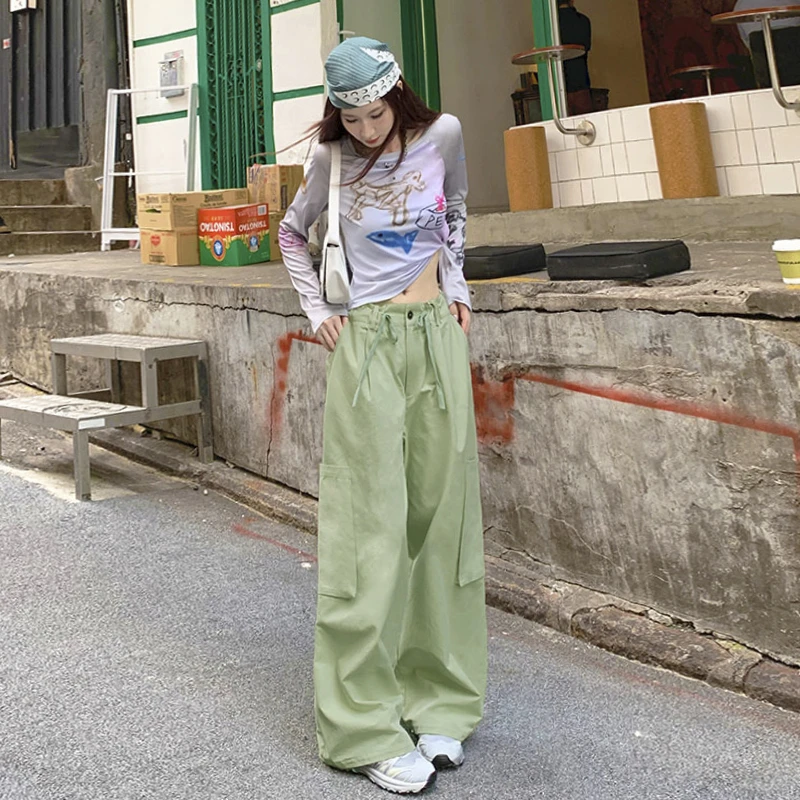 2025春季好货糖果色松紧腰抽绳设计大口袋工装宽松休闲阔腿裤