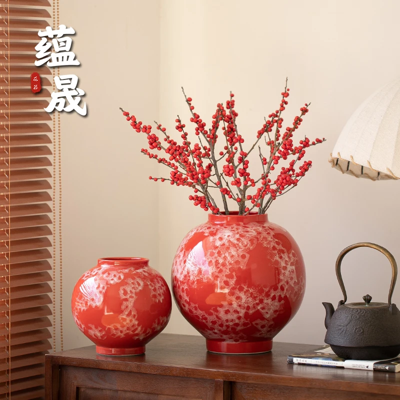 景德镇新中式陶瓷花瓶高级感国潮风红色复古干花水培装饰摆件