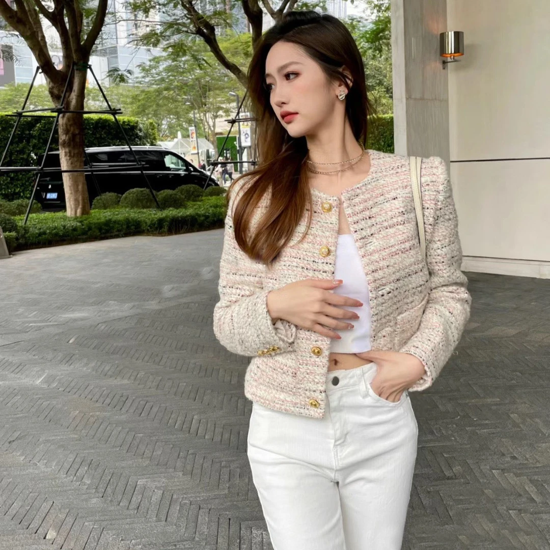 【粉红女郎】2023新款浅粉色粗花呢百搭休闲气质款小香风短外套女