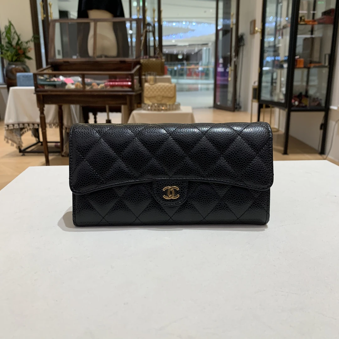 95新 Chanel/香奈儿 Chanel黑金荔枝纹长款钱包 25020041-01