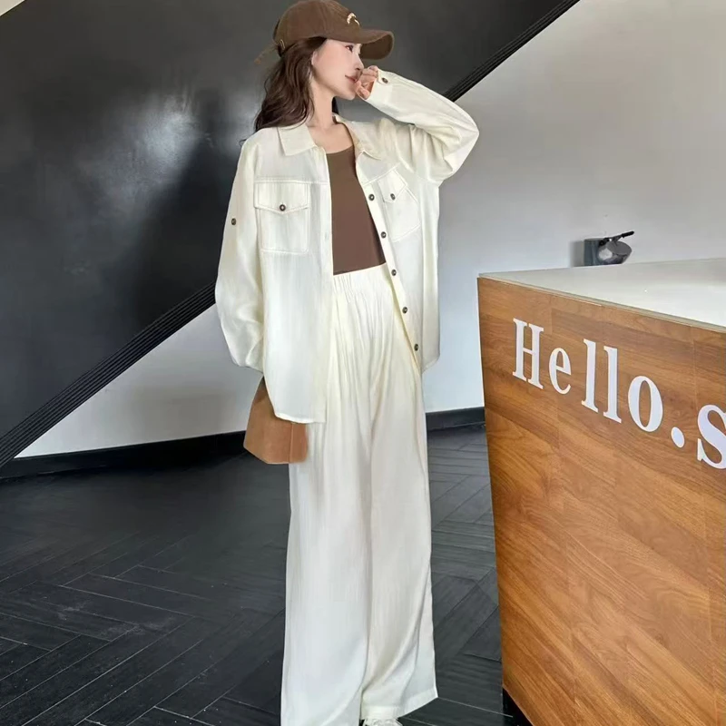 小清新衬衫内搭吊带三件套女2025夏季新款韩版港风阔腿裤时尚套装