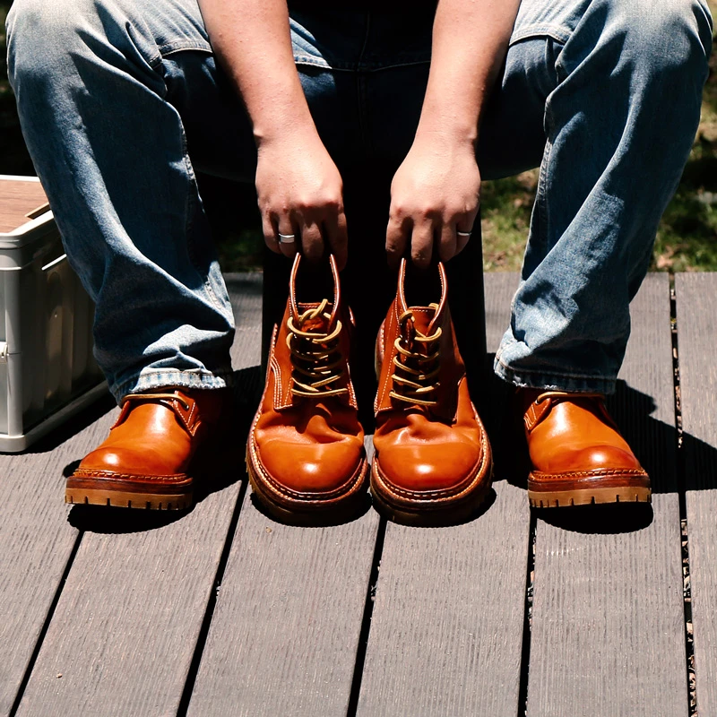高端手工固特异水洗马皮复古做旧男士工装靴休闲透气增高马丁靴男