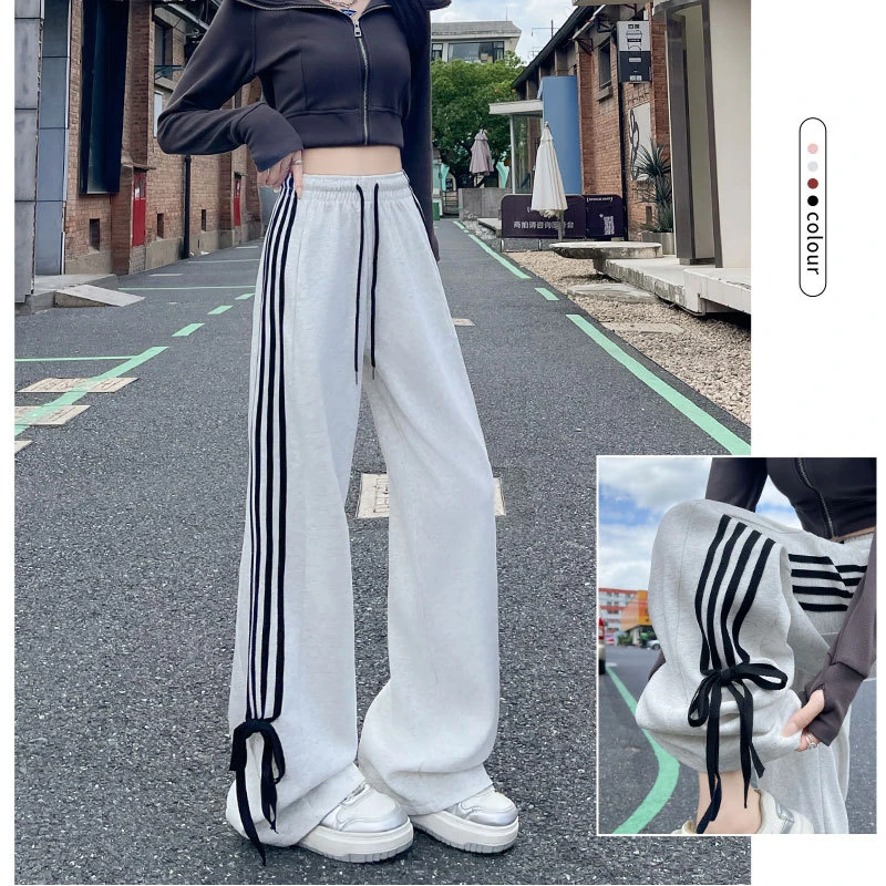 美式甜辣风绑带蝴蝶结运动裤女春秋复古高腰垂感拖地休闲条纹卫裤