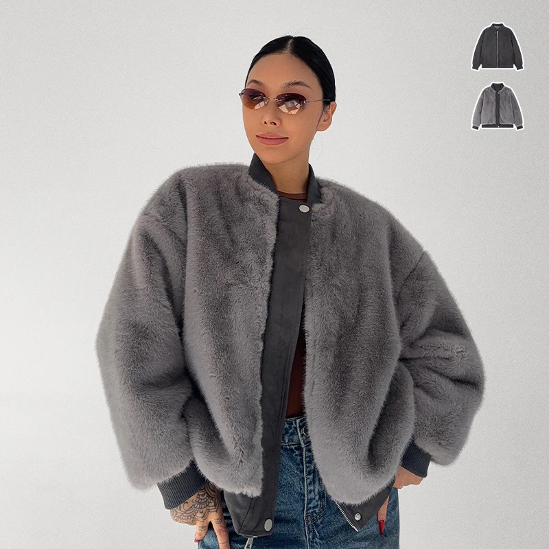 冬季外套女新款正反两穿毛绒短款加厚保暖灰色通勤夹克棉服