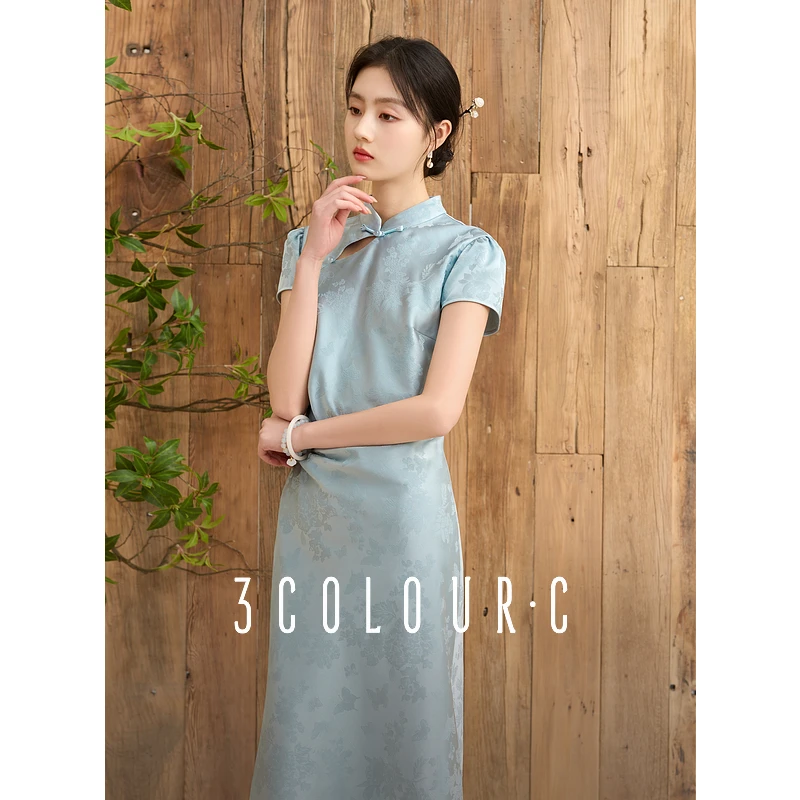 三彩2025夏季新款新中式改良版旗袍短袖连衣裙缎面鱼尾长裙女C