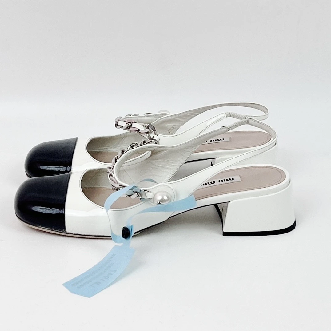 99新 MIU MIU/缪缪 37码珍珠黑白玛丽珍 95新 lm1947