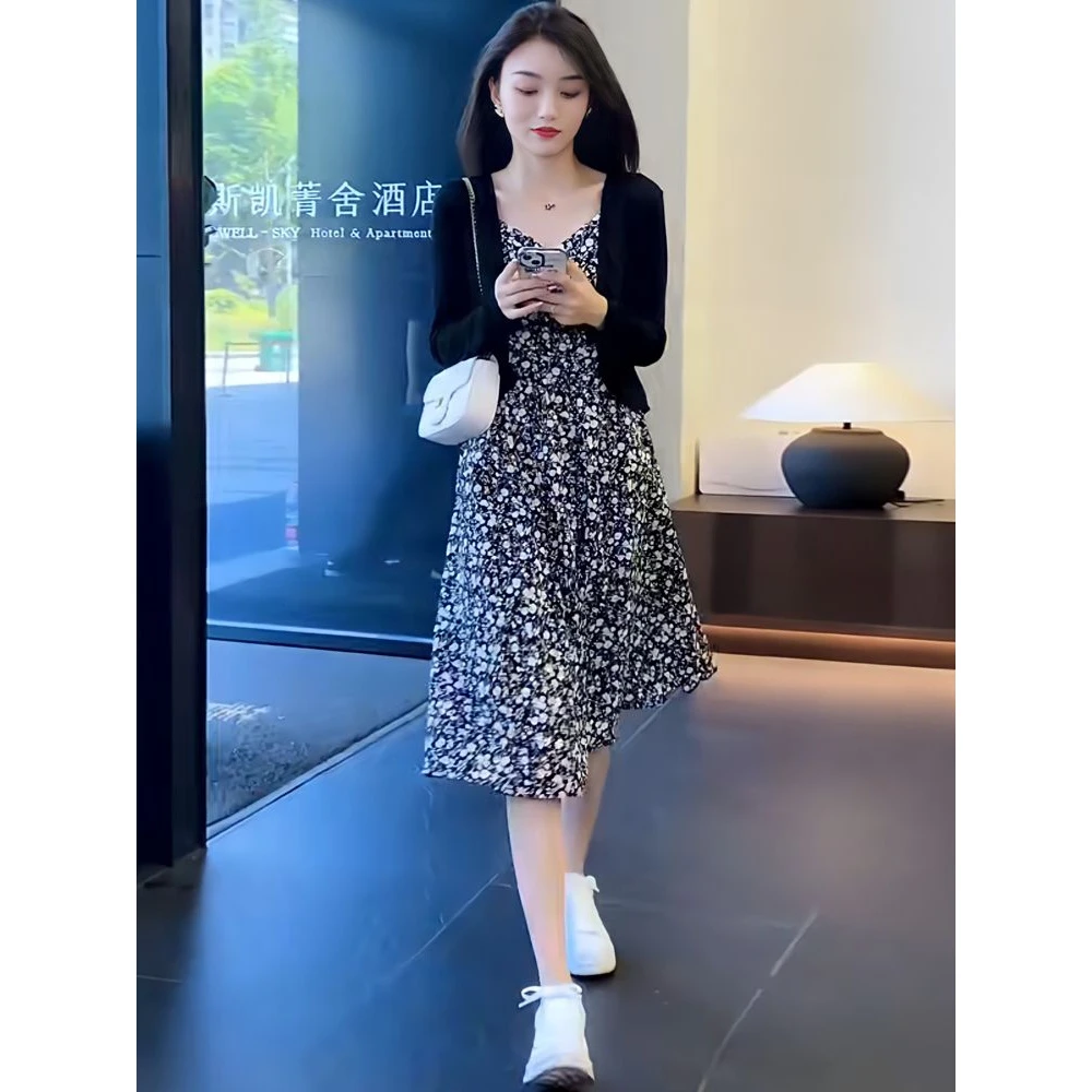 夏季新款复古风长袖碎花连衣裙女装配防晒开衫两件套裙子