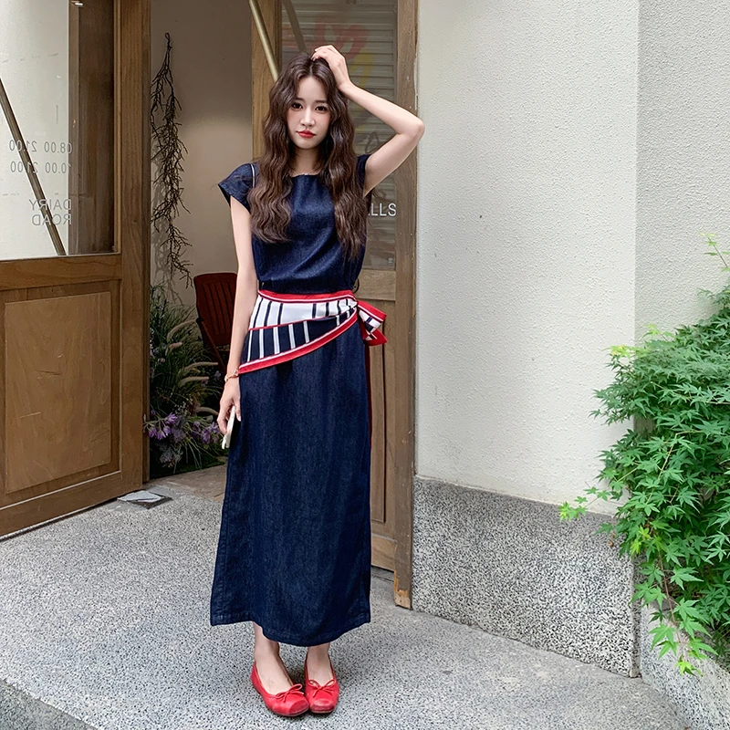 设计感丝巾拼接牛仔套装裙女夏2025新款休闲又酷又飒半身裙两件套