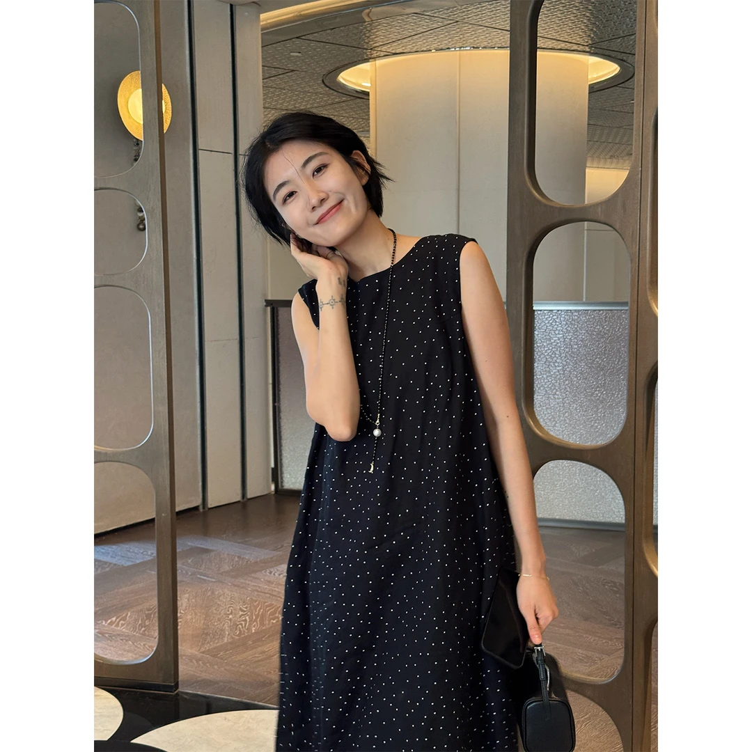 LANGQING 亚麻波点无袖黑色a字休闲连衣裙45423/45759#