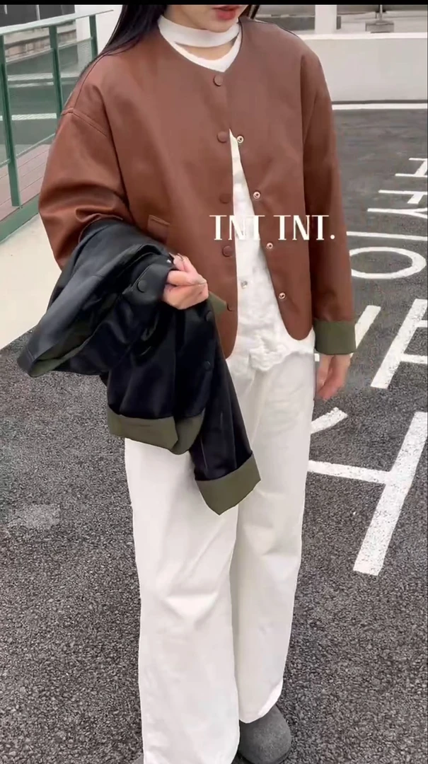 5367圆领双面穿单排扣pu皮衣外套女春季2025新款炸街高级感皮夹克