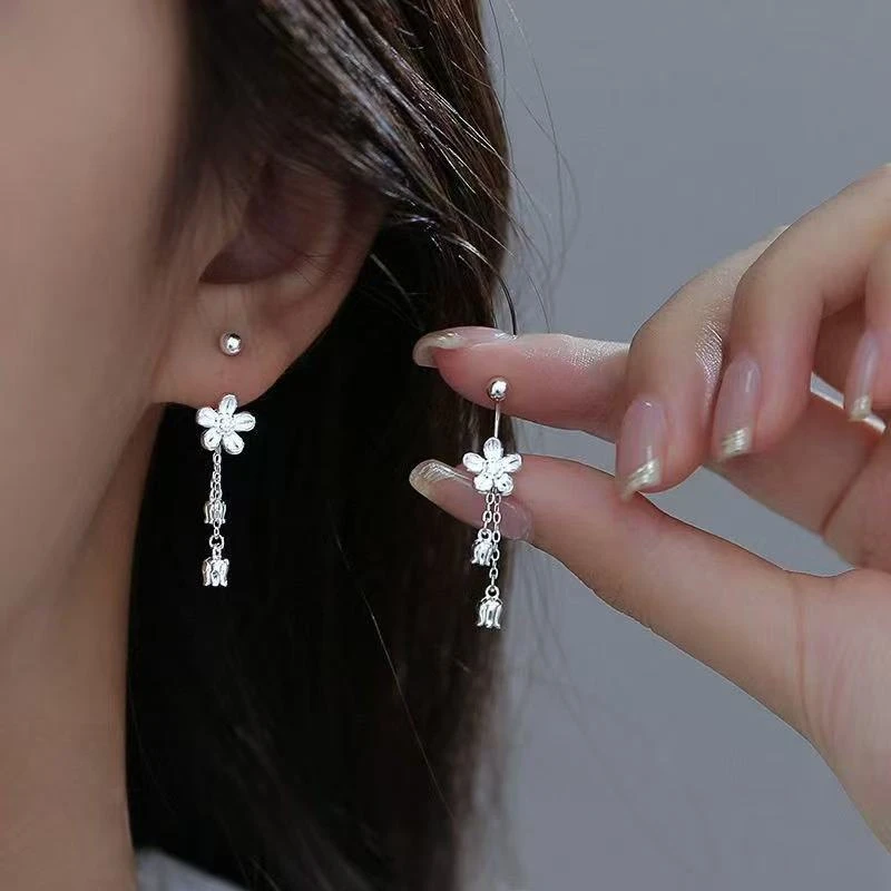 足银耳饰 999气质小花流苏螺丝耳钉