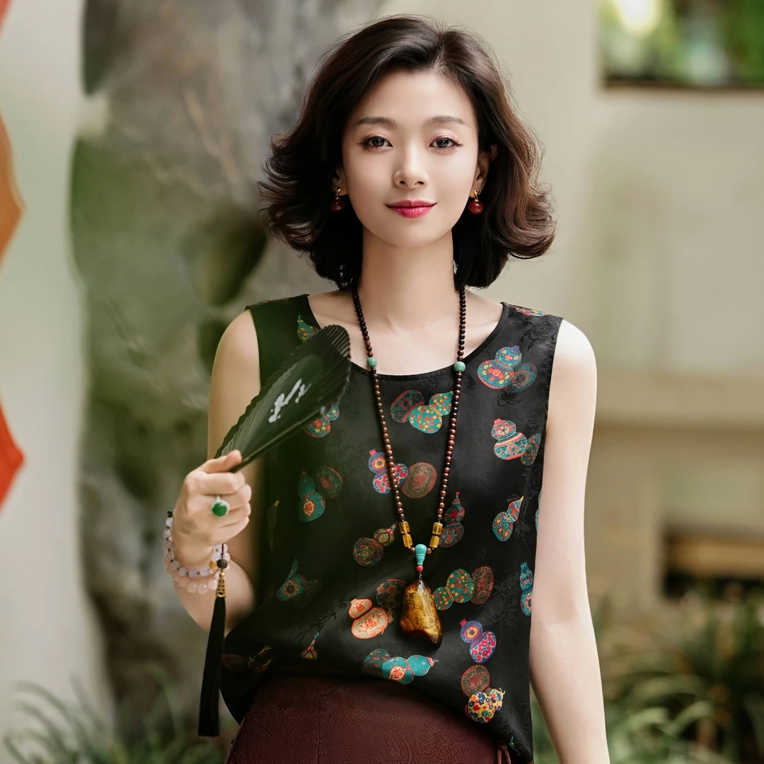 西子/【七彩葫芦】非遗红云纱24姆米桑蚕丝印花黑色背心/DDTJ284