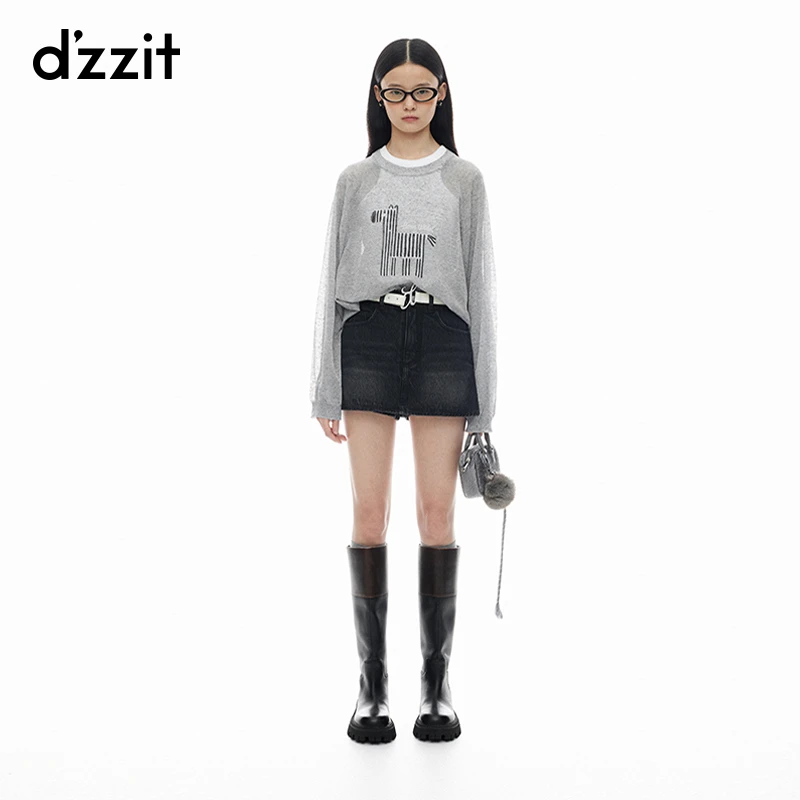 dzzit地素长袖针织衫春秋多巴胺烫水钻设计薄款罩衫上衣女3I3E405