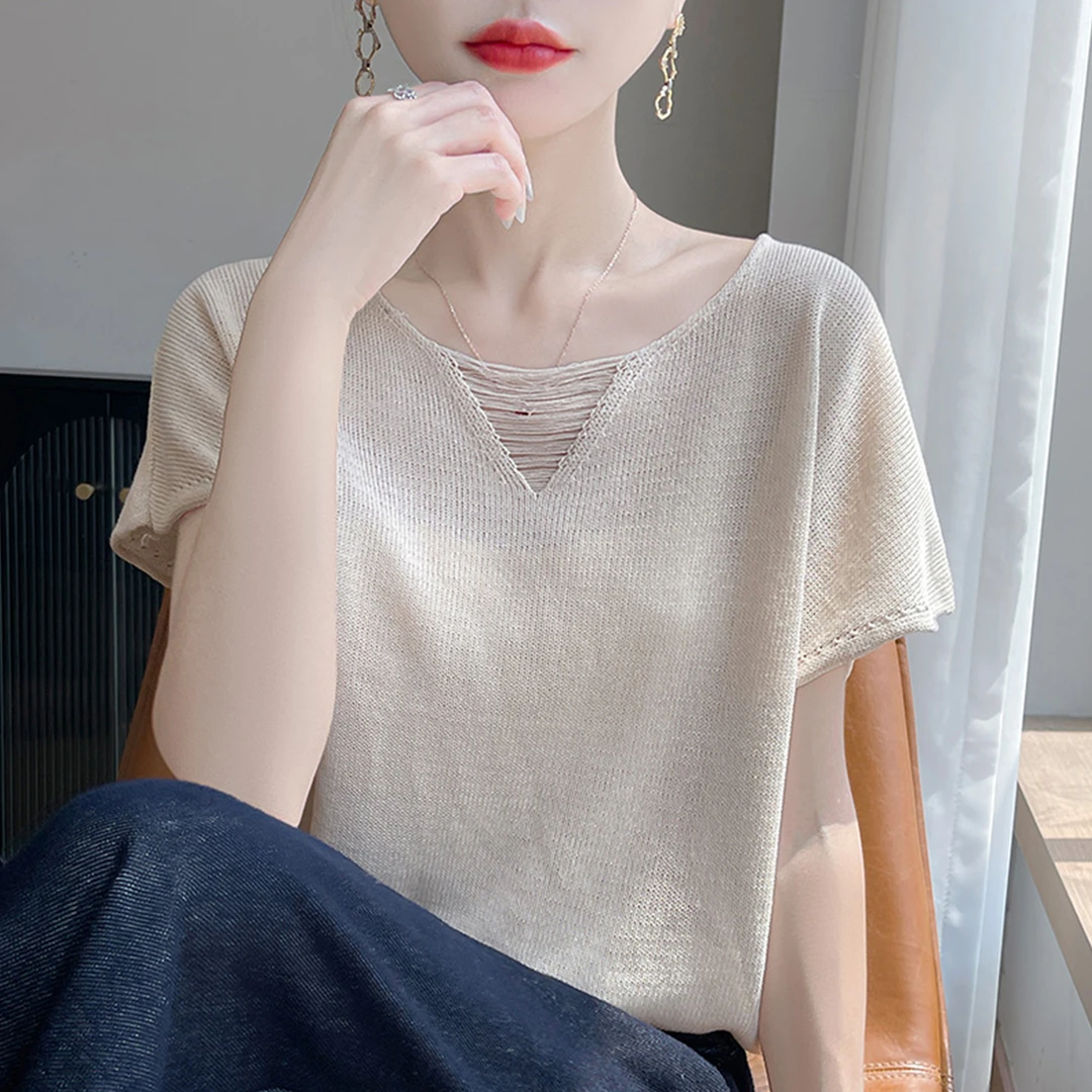 大码女装夏装胖mm冰丝针织衫女士短袖t恤宽松遮肚子巨显瘦v领上衣