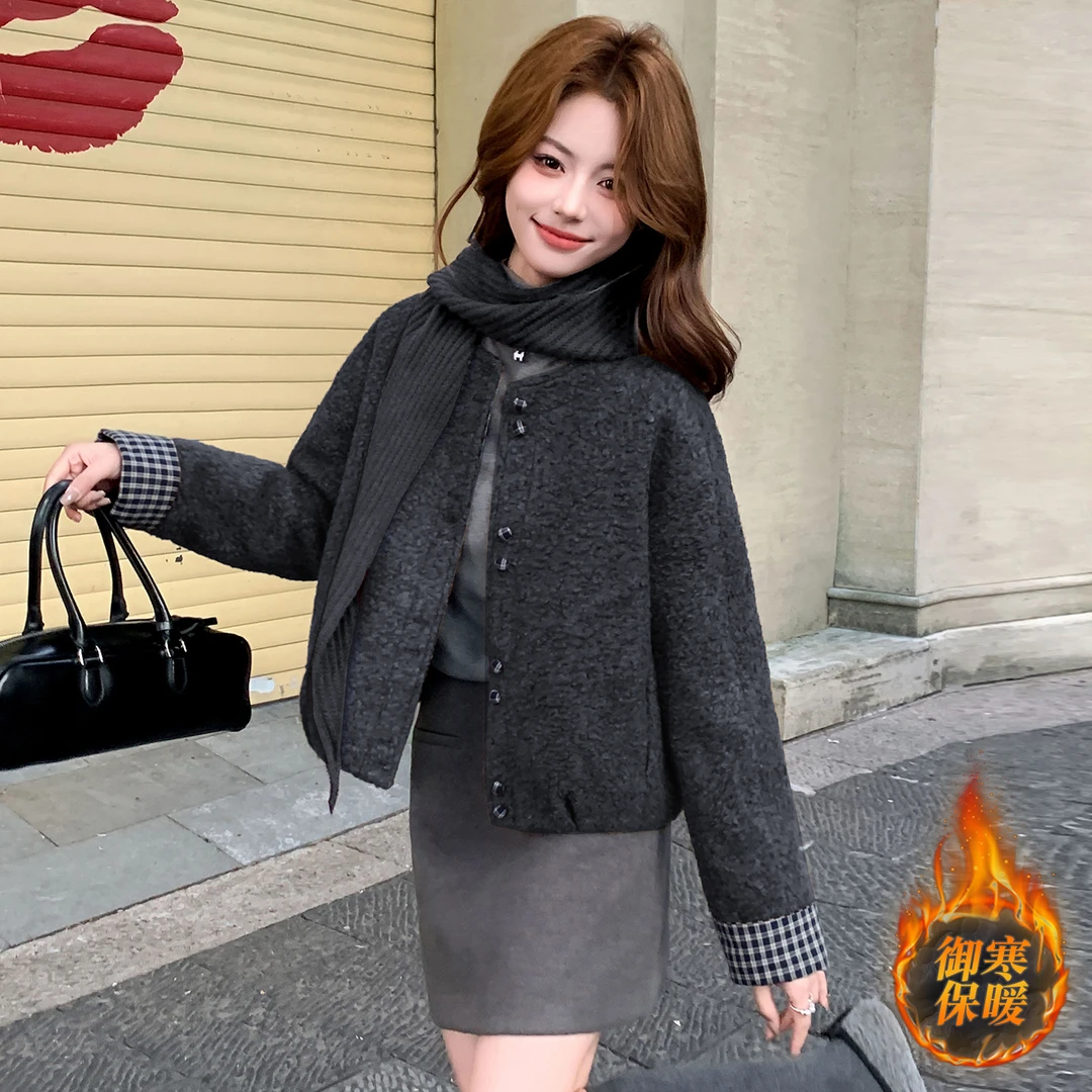 拉夏贝尔时尚加绒加厚毛呢短外套女2025冬季新款洋气显瘦格子拼接