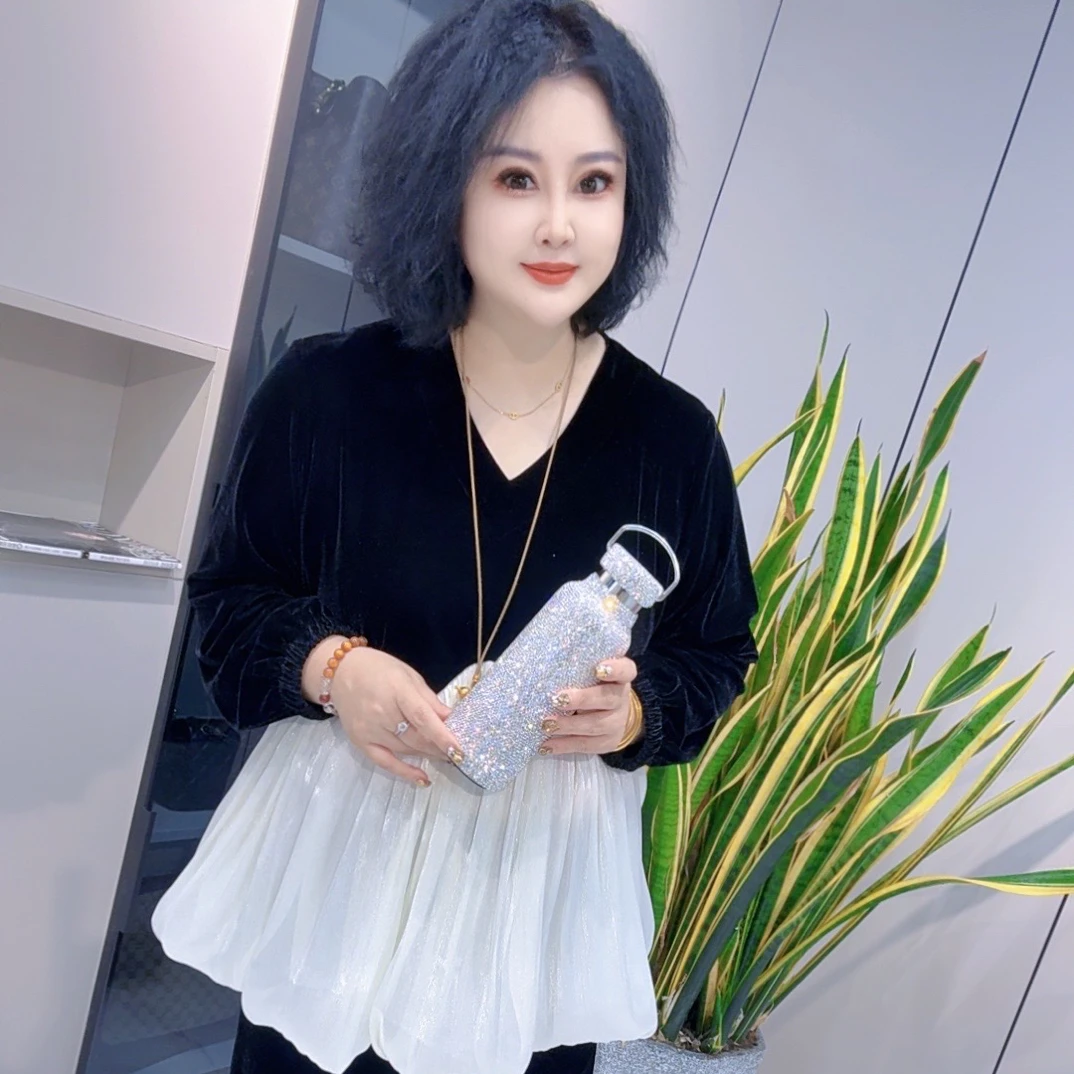 【娟姐精选】89629欧韩重工拼接时尚洋气丝绒衫