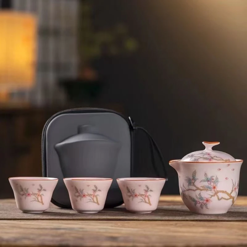 粉色汝窑旅行茶具手抓壶 一壶三快客杯 户外车载便携式茶具 G1736