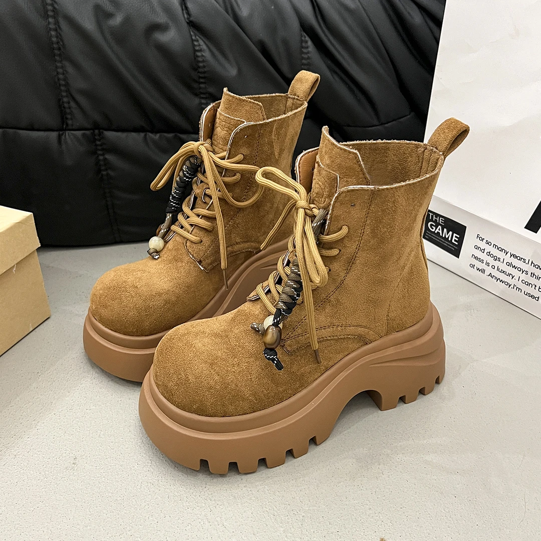 磨砂马丁靴系带复古秋季单靴交叉绑带短靴复古短筒马丁靴机车靴