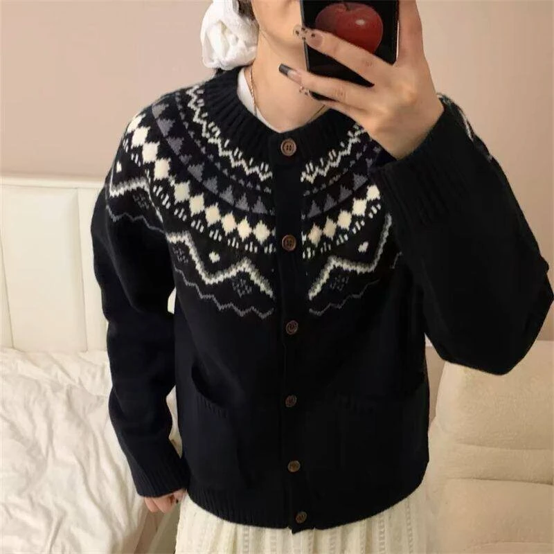 复古费尔岛圆领针织开衫女2025秋冬宽松百搭长袖上衣时尚气质精致