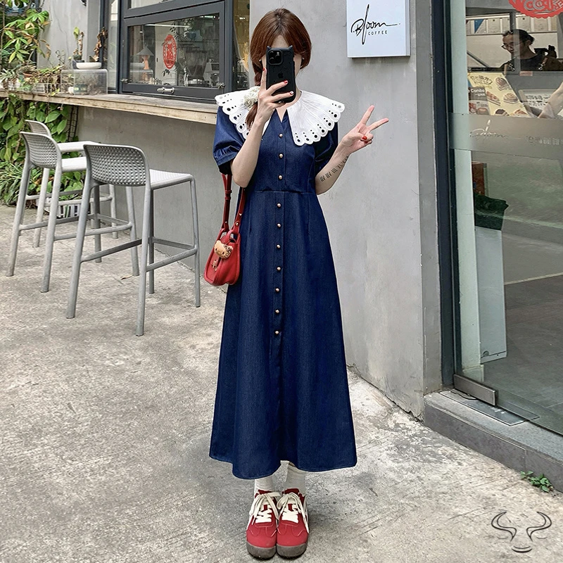 2025大码女装2025夏季新款胖妹妹花边拼接领收腰显瘦中长连衣裙