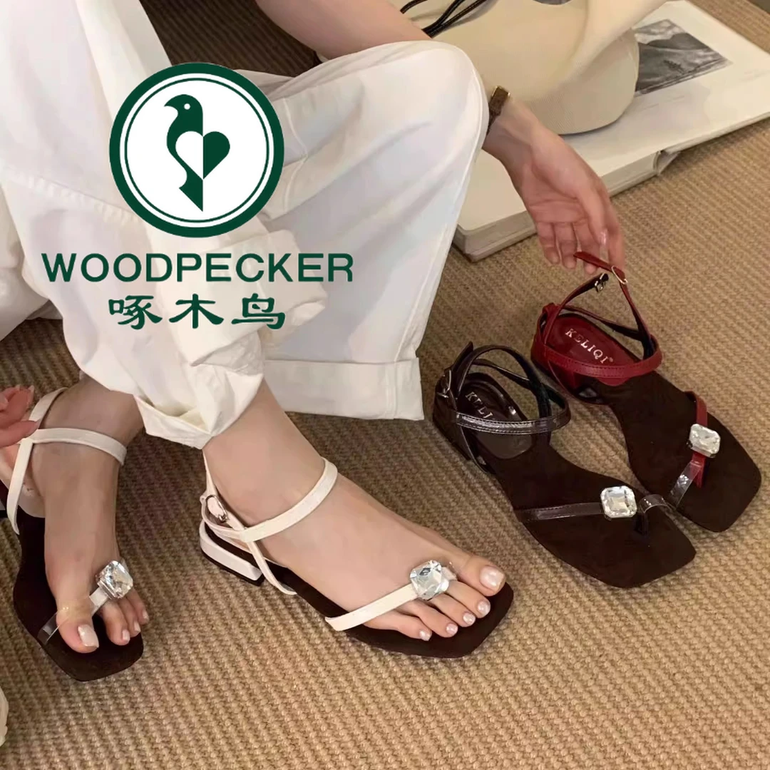 啄木鸟平底一字带金属夹趾凉鞋女2025新款夏季罗马鞋配裙子凉拖鞋