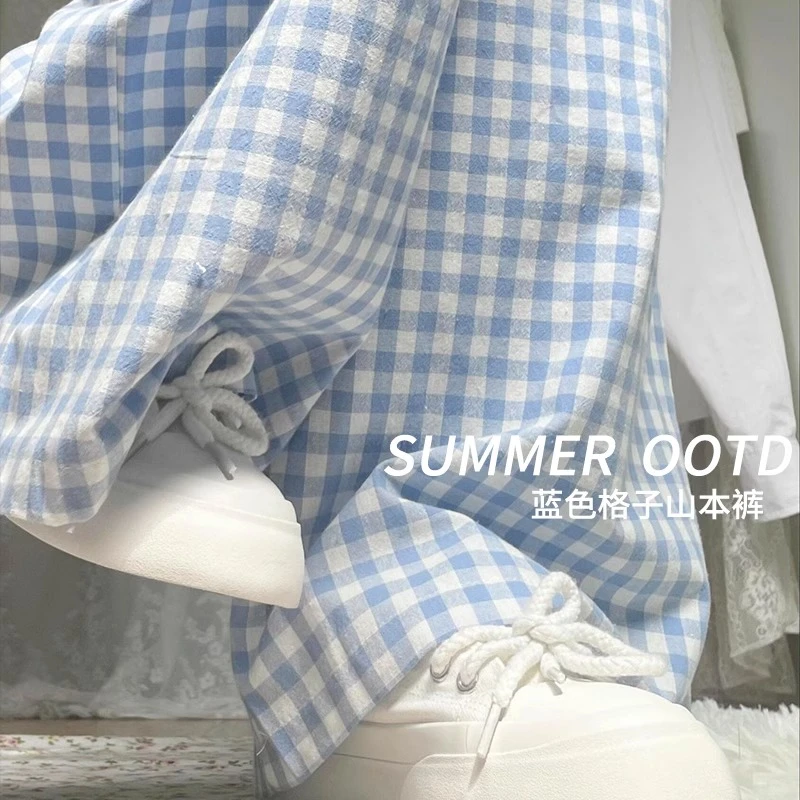 蓝白格子裤子女春秋夏季2025新款休闲小个子阔腿裤慵懒冰丝山本裤