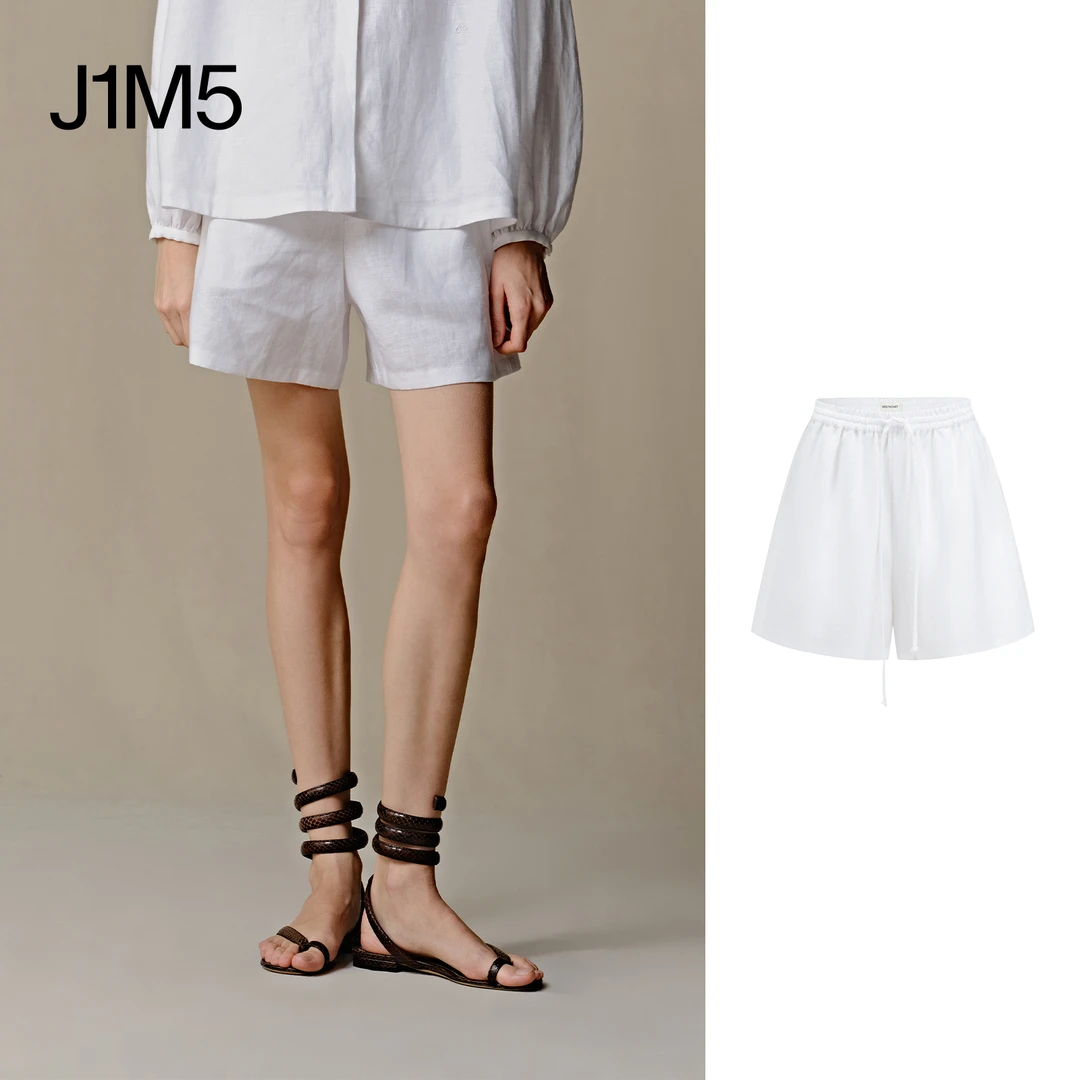 J1M5买手店 INTO THE EAST 25春夏 亚麻松紧腰刺绣短裤白色简约