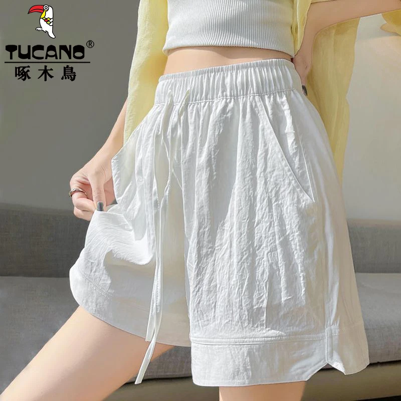 啄木鸟开叉运动山本夏季2025新款高腰休闲冰丝阔腿休闲五分短裤女