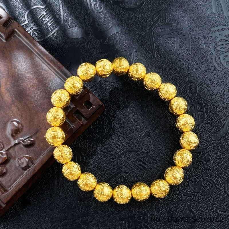 足金999 古法空心福气环绕六字真言金珠弹力绳手串