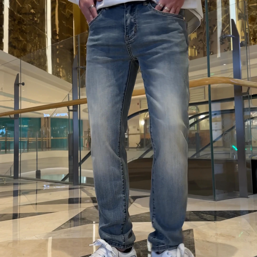 2025春夏新款时尚显瘦男士蓝色洗水牛仔裤 百搭休闲修身小脚裤