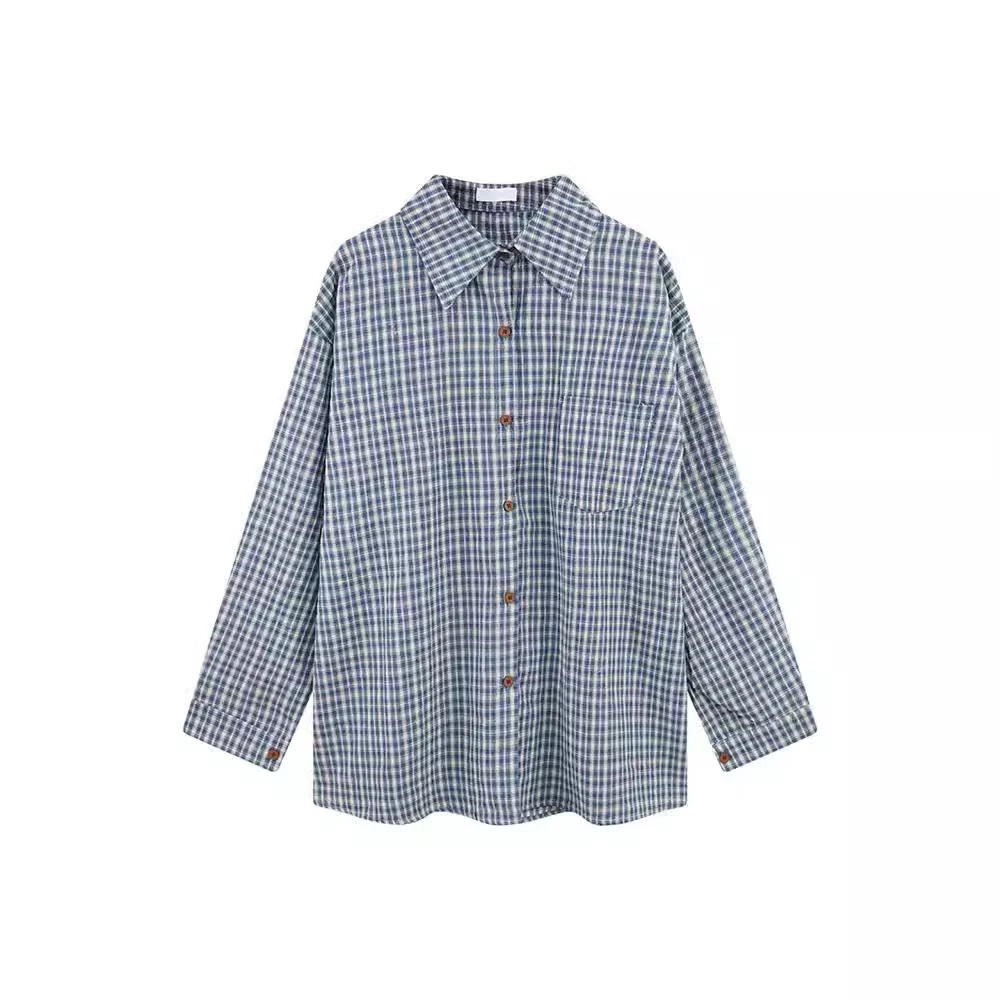 复古小众蓝色长袖格子衬衫女早秋慵懒风休闲格纹外套宽松外搭衬衣