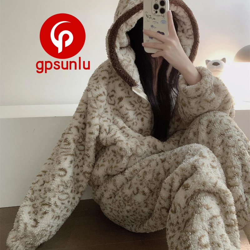 gpsunlu豹纹珊瑚绒连帽睡衣女款秋冬季加绒加厚保暖家居服套装