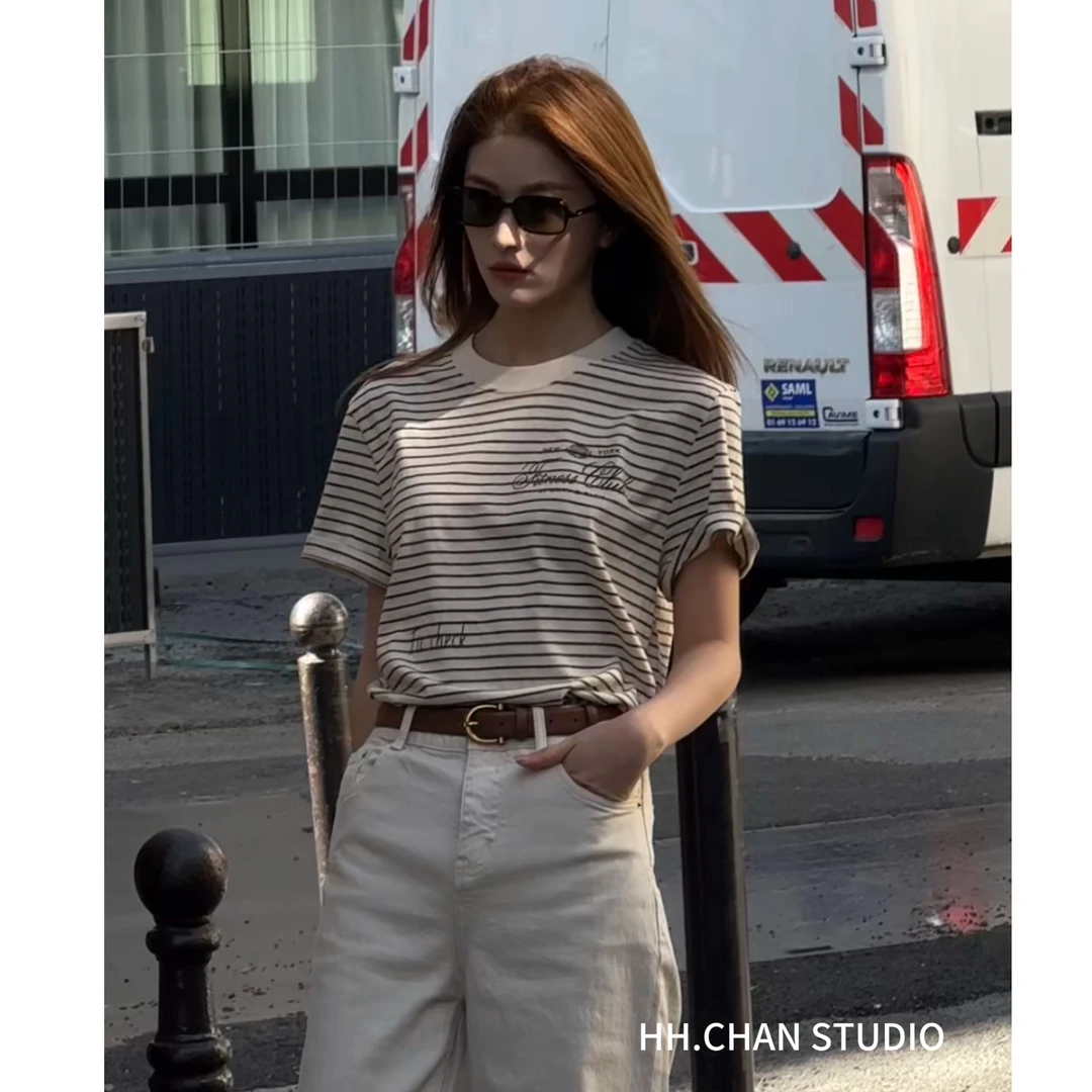 HH.CHAN“美式木棉”高定木棉羊毛莱赛尔美式复古条短袖HH52D37474