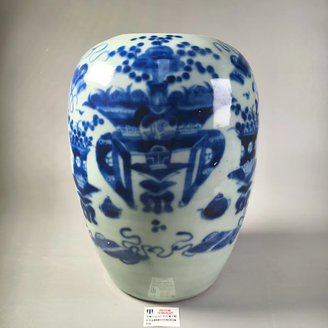 SCS30291清中期豆青釉青花博古图纹冬瓜罐