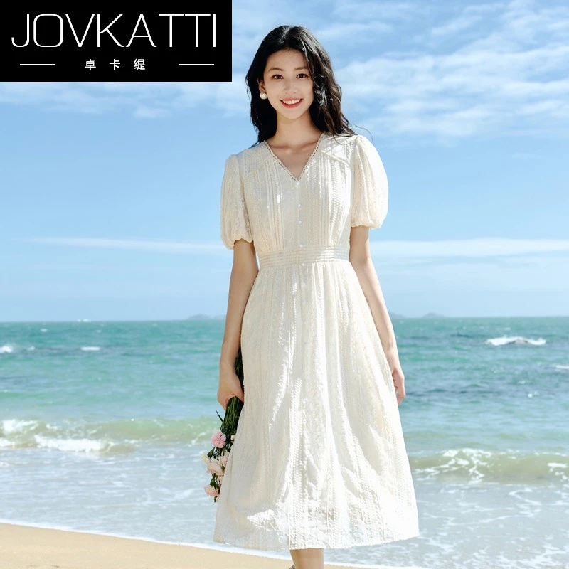 JovkattiX型高腰V领蕾丝绣花连衣裙2025夏季新款女休闲简约中长裙