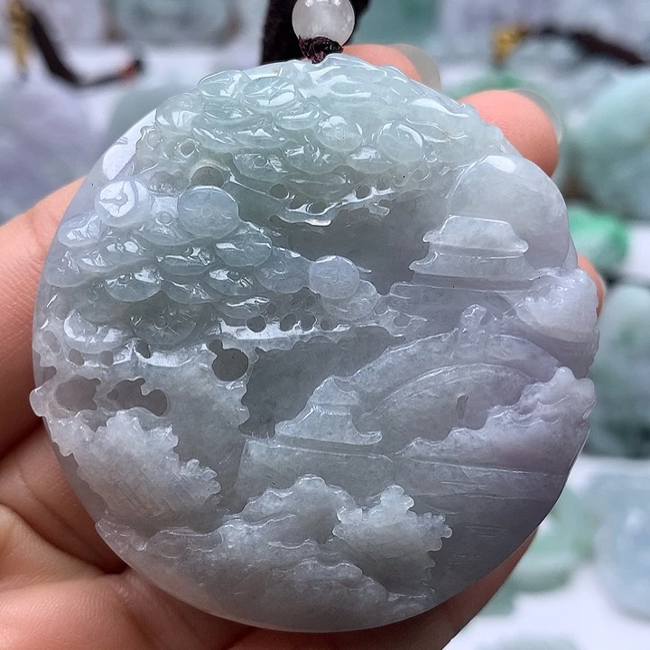 翡翠未镶嵌颈饰山水两面工艺卡厚12