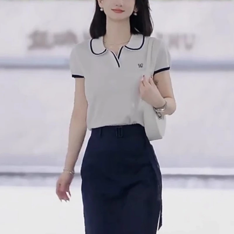 娃娃领撞色短袖针织衫上衣女夏季新款时尚减龄气质爆款女装小衫