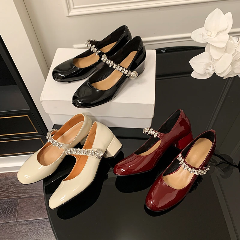 仙女风2025新款法式高跟真皮圆头水钻一字带粗跟玛丽珍单鞋女通勤