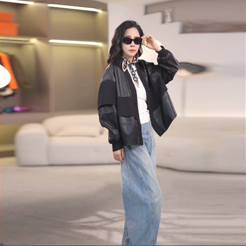 【慧慧】春款休闲翻领皮衣短款显瘦皮衣夹克女装春秋WR7219