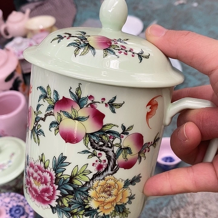 摆件陶瓷绿稀土牡丹寿桃办公杯