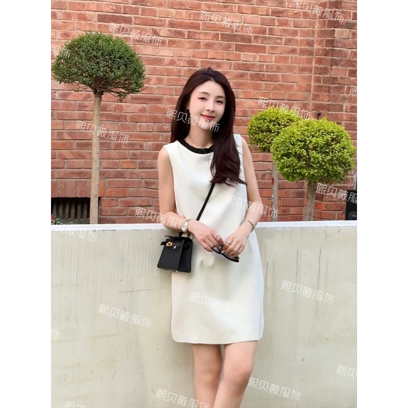 熙贝薇6 欧货醋酸拼色圆领新款无袖小香风高级感时尚连衣裙G7602