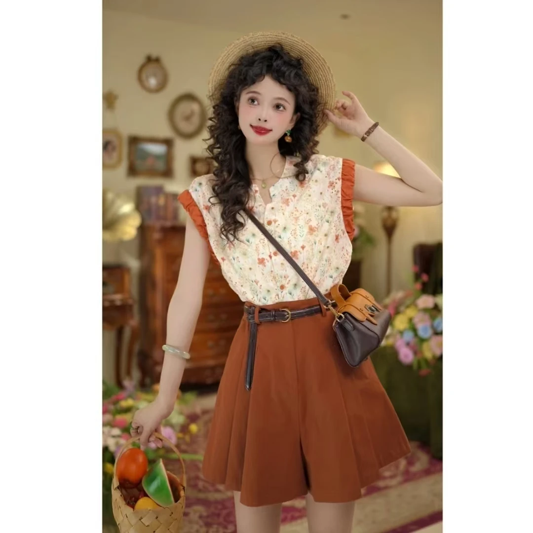 556#[浅浅专属]时尚气质碎花短袖上衣高腰阔腿短裤减龄两件套装女