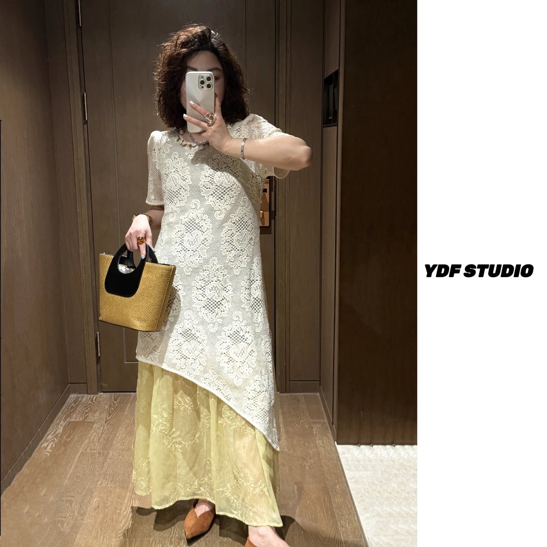 YDFSTUDIO小众【瑰宝之梦】欧货高品假两件蕾丝拼接设计时尚连衣裙