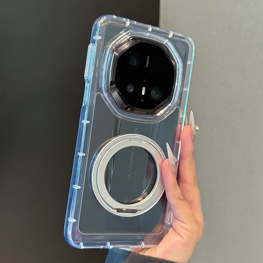 适用华为mate70rs非凡大师手机壳透明磁吸充电360°旋转支架高清60