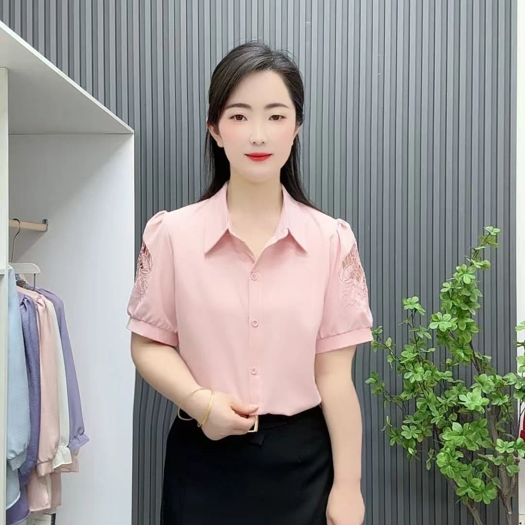 大码夏季衬衫女短袖显瘦小衫时尚洋气百搭夏装宽松上衣短袖白衬衣