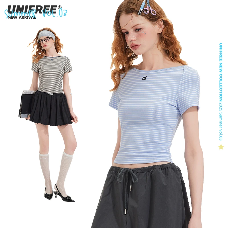 UNIFREE韩版条纹短袖T恤时尚正肩个性修身显瘦短款小个子洋气上衣