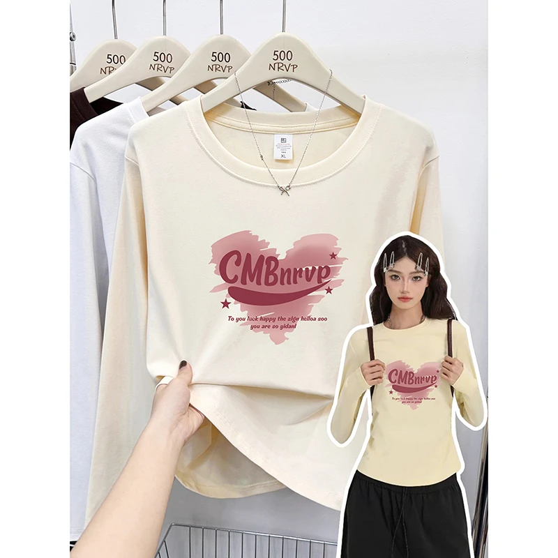 2025年爱心印花修身正肩长袖t恤女设计感高弹力棉大码女装上衣ins