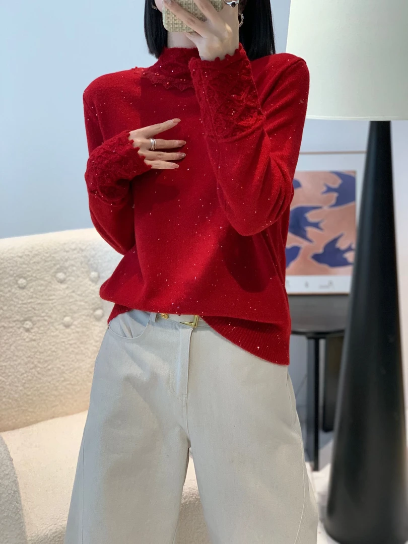 【苗姐优选】烫钻纯色设计款针织打底衫9956